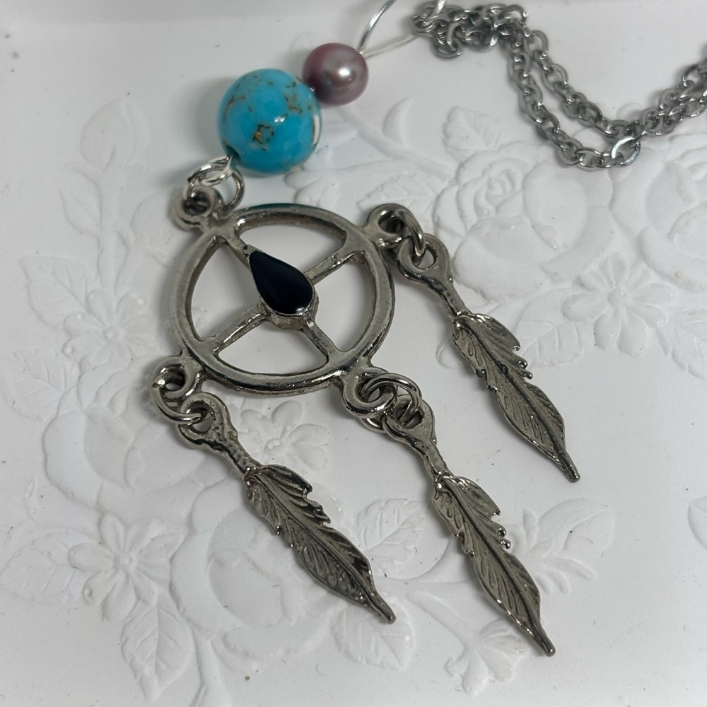 Vintage Upcycled Dreamcatcher Pendent Necklace with Turquoise Jasper and Pearl